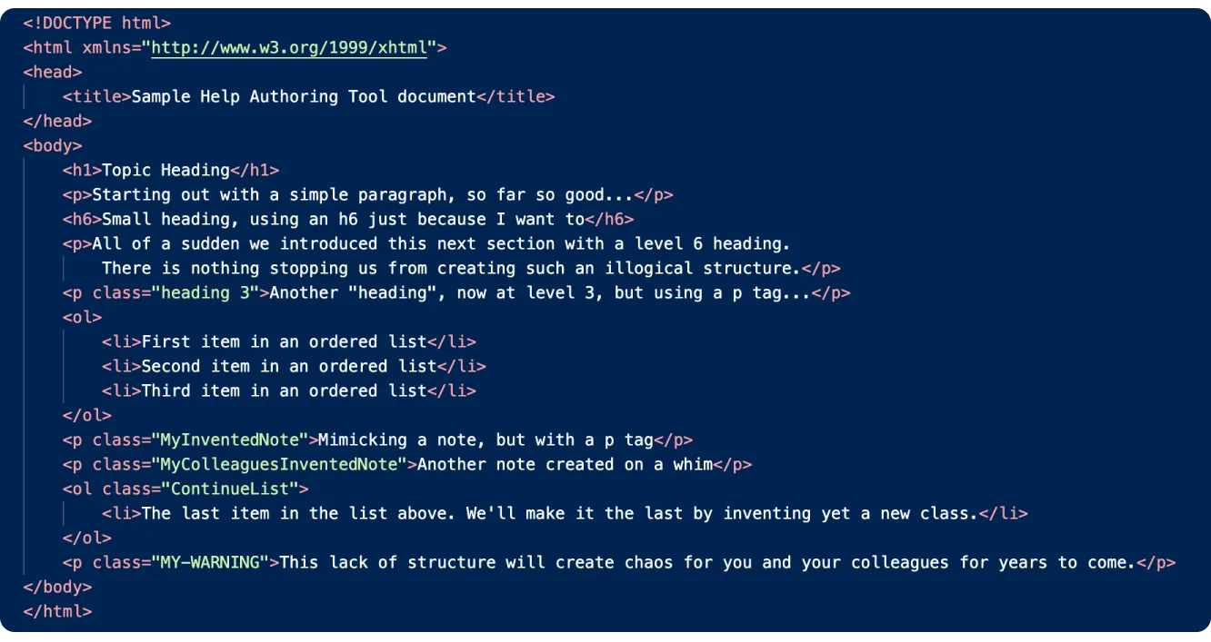 Example of the lack of structure in Help Authoring Tools