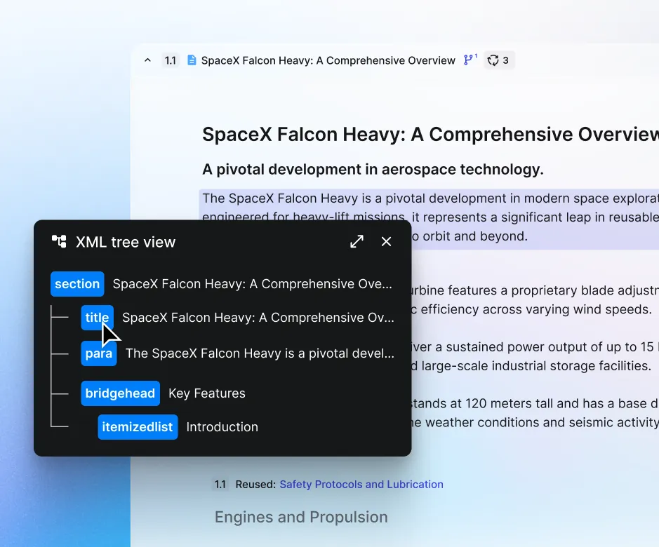 Paligo XML tree view of a topic about the SpaceX Falcon Heavy