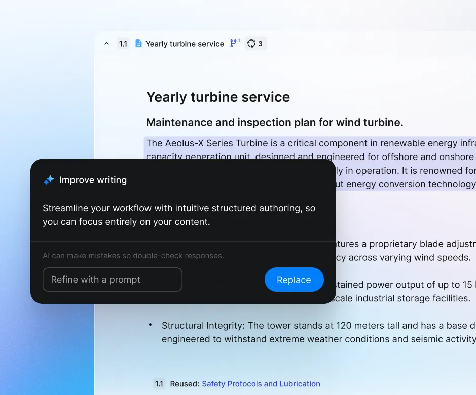 Paligo editor with a turbine service topic open and an Improve writing panel suggesting a rewrite