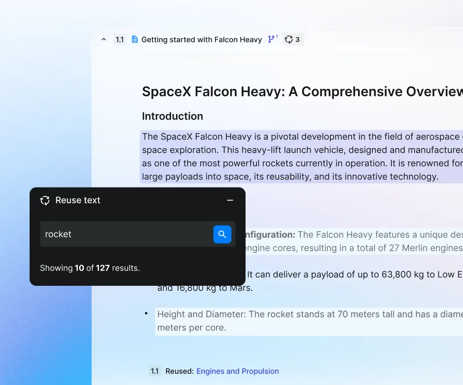 Paligo Reuse text search showing 10 of 127 results for "rocket" over a topic