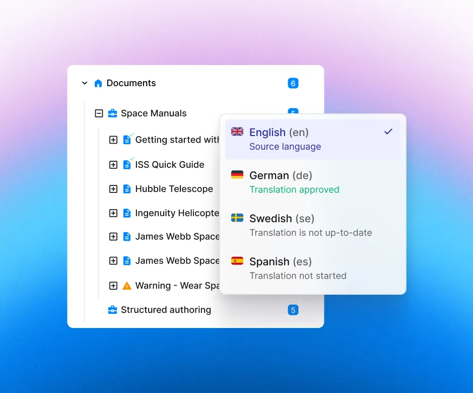 Paligo document tree with a language menu: English as source, German approved, Swedish not up to date, Spanish not started