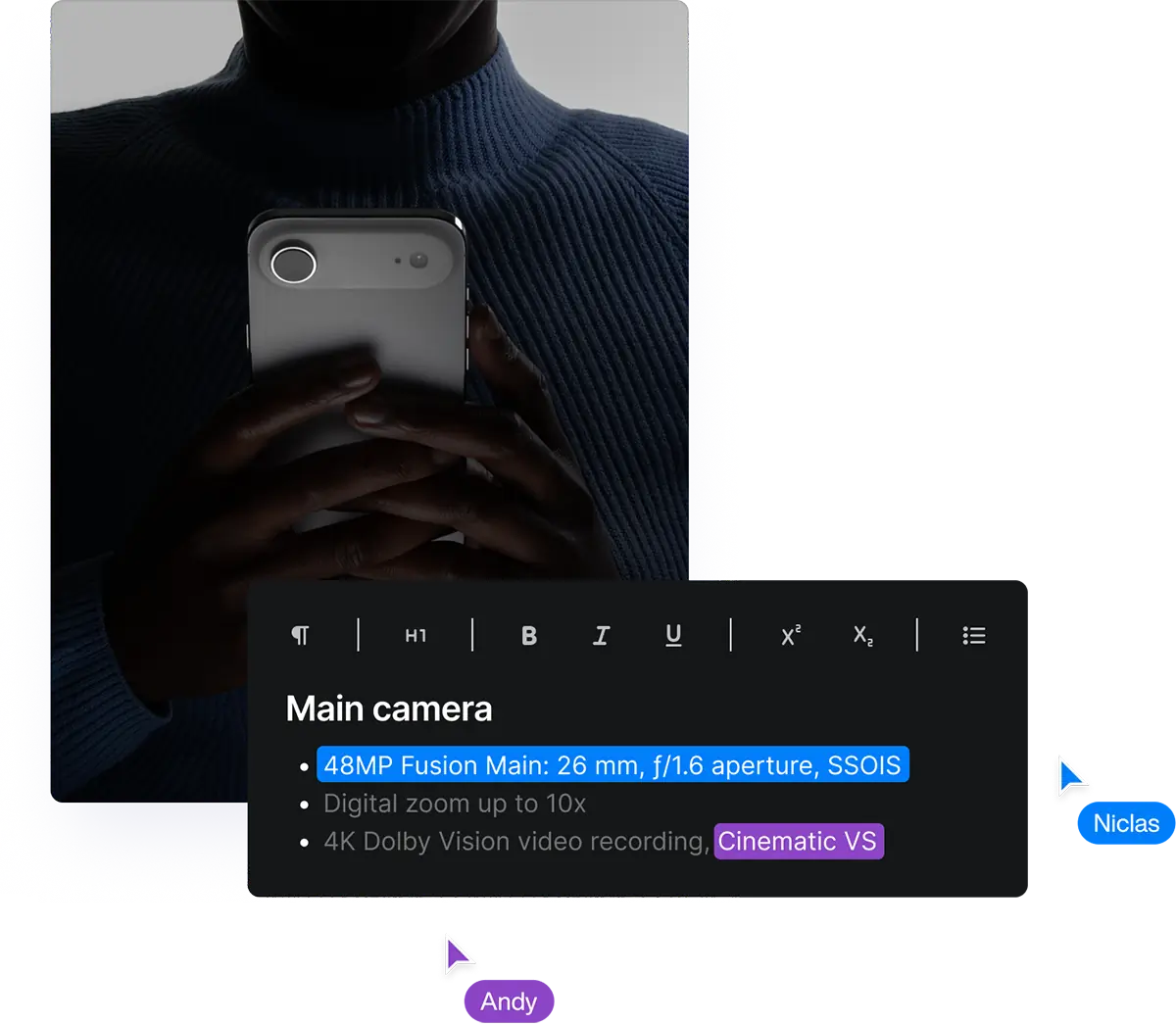 Hand holding a phone next to a Paligo topic about its main camera, edited by two collaborators