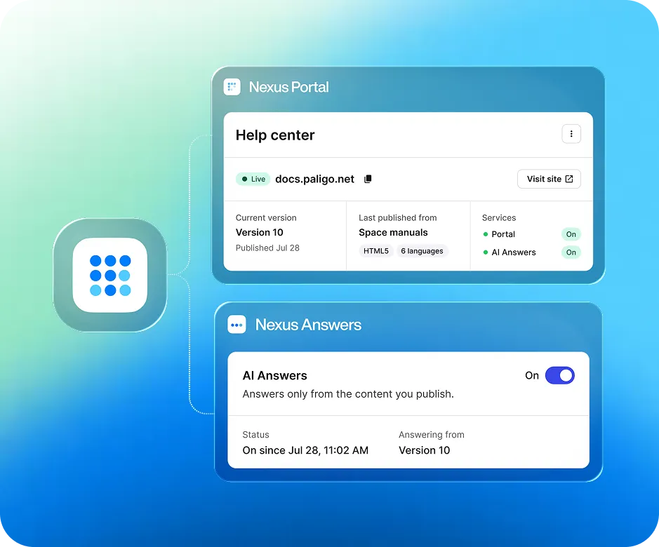 Nexus Portal help center at docs.paligo.net and the Nexus Answers setting, both switched on