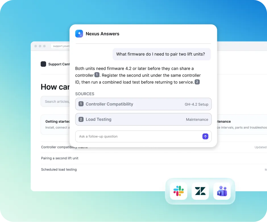 Nexus Answers embedded in a support center, with Slack, Zendesk and Microsoft Teams icons