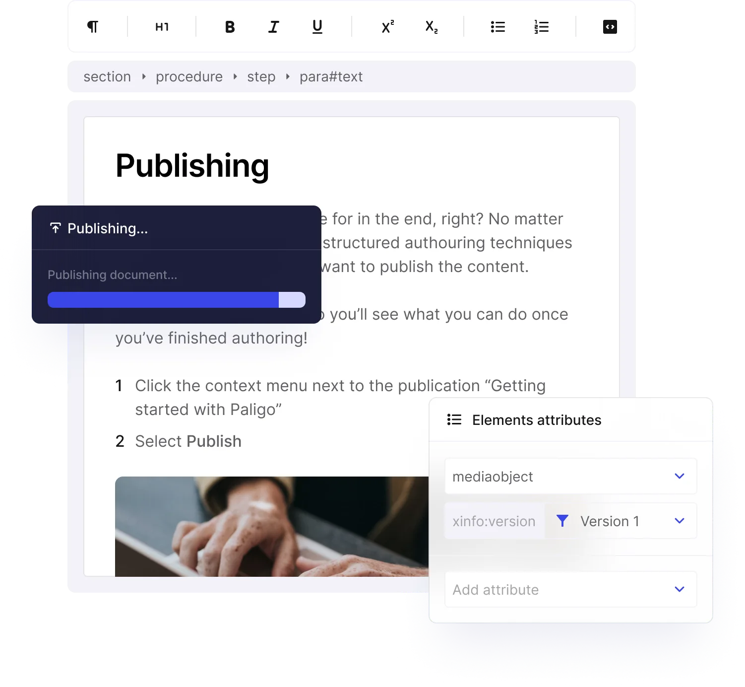 Publishing topic in the Paligo editor with a publishing progress bar and element attributes