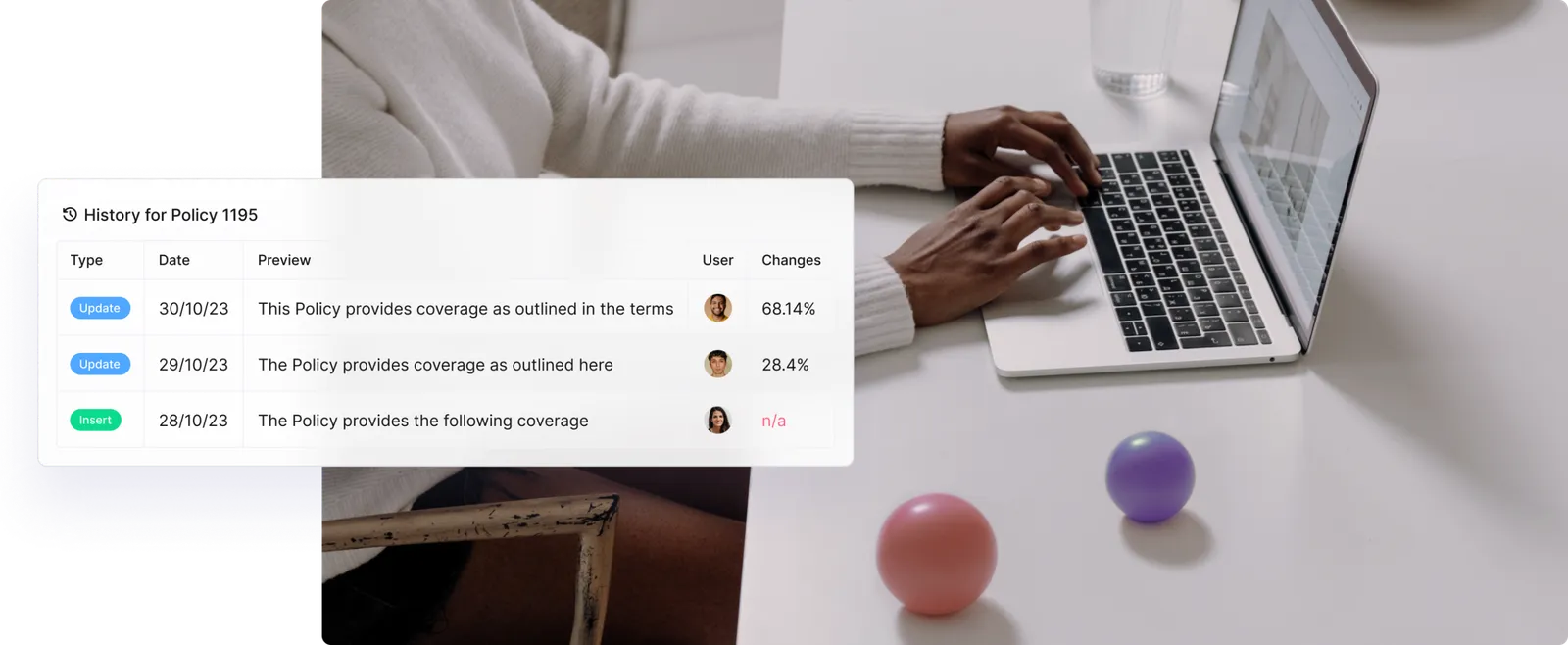 Person typing on a laptop, with the change history of a policy in Paligo