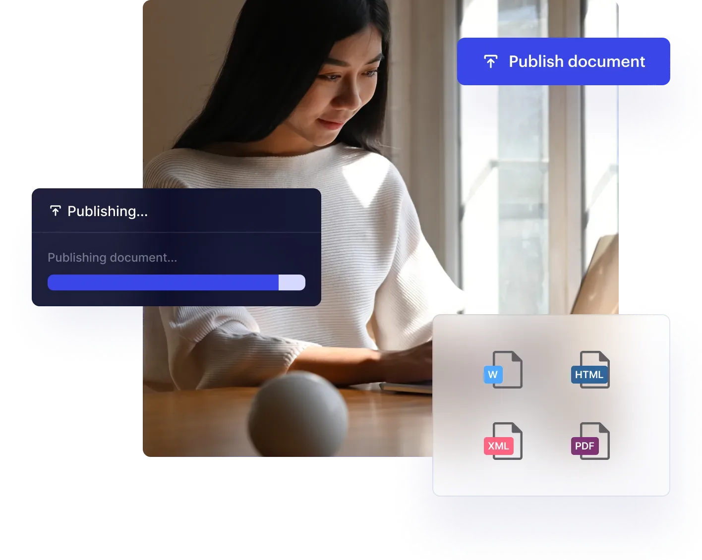Woman at a laptop, with Paligo's Publish document button, a publishing progress bar and output formats