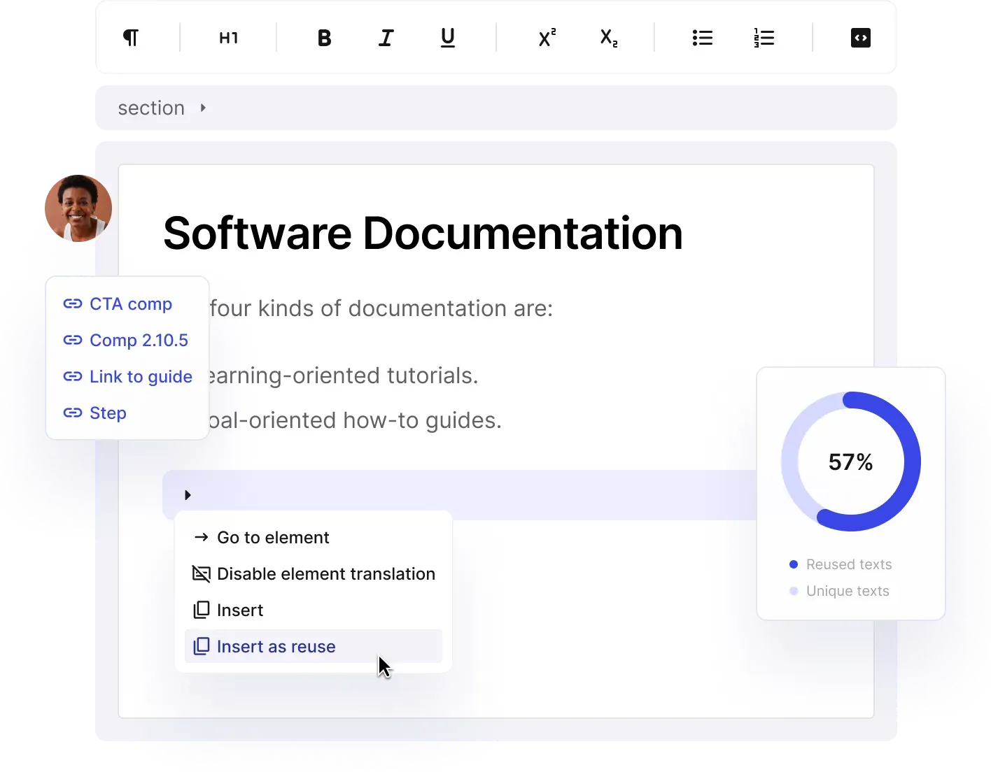 Software Documentation topic in the Paligo editor with the Insert as reuse menu and a 57% reused texts chart