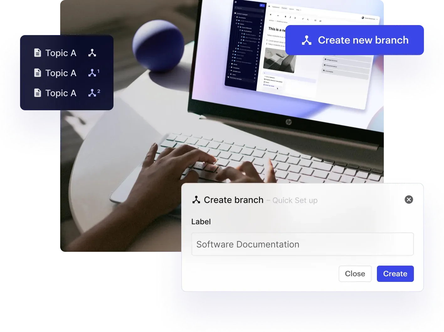 Paligo Create branch dialog and branched topics over a laptop