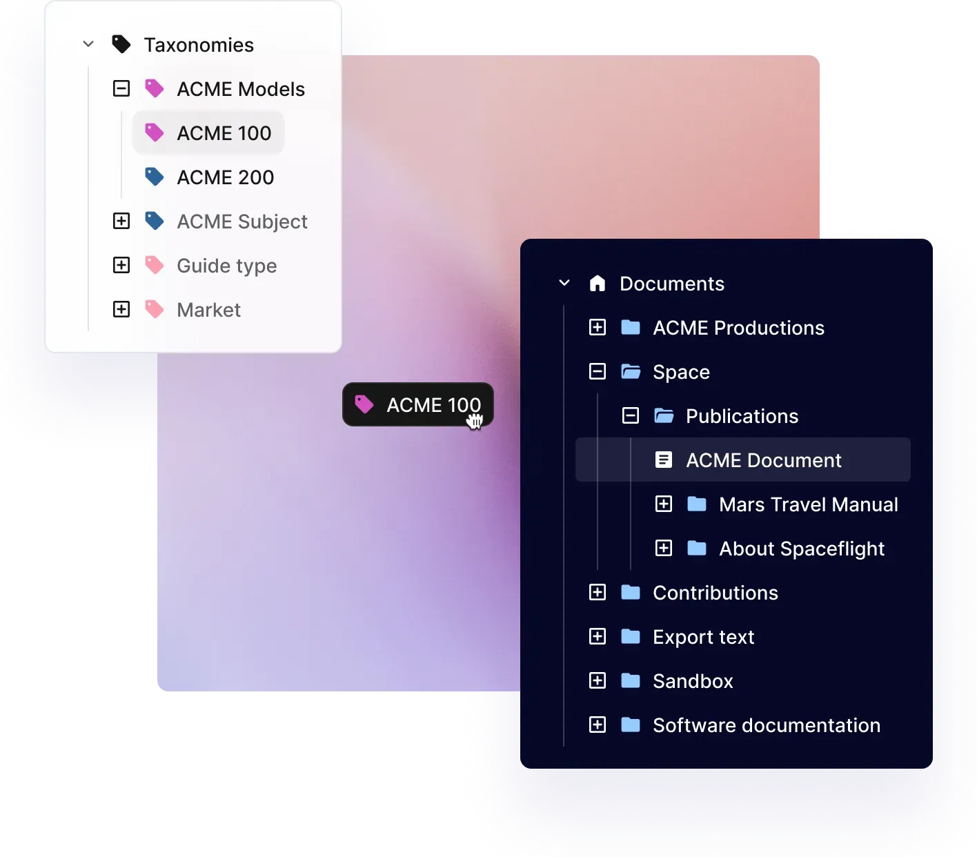 Paligo Taxonomies list with ACME 100 tagged in the document tree