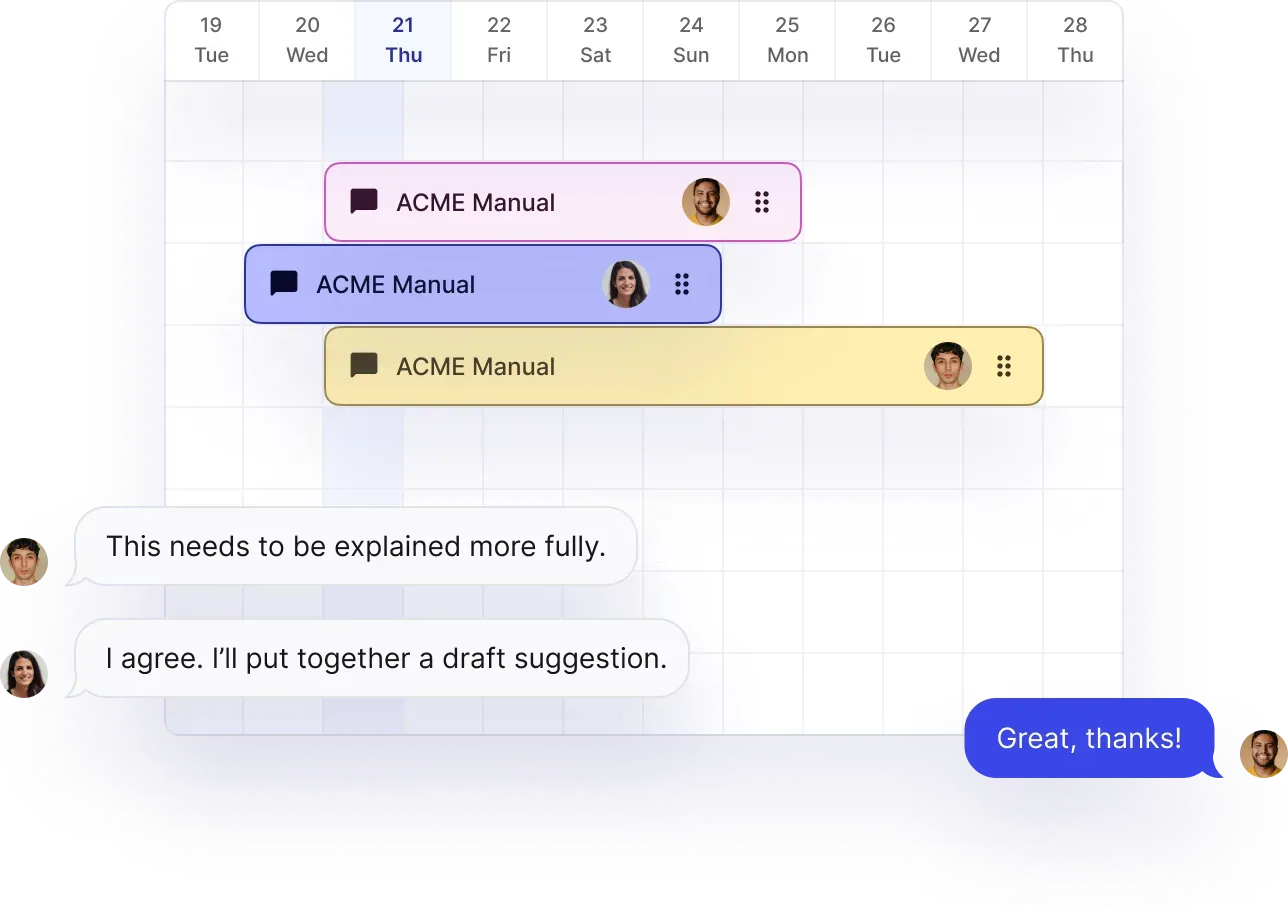 Paligo review calendar with three ACME Manual assignments and reviewer comments