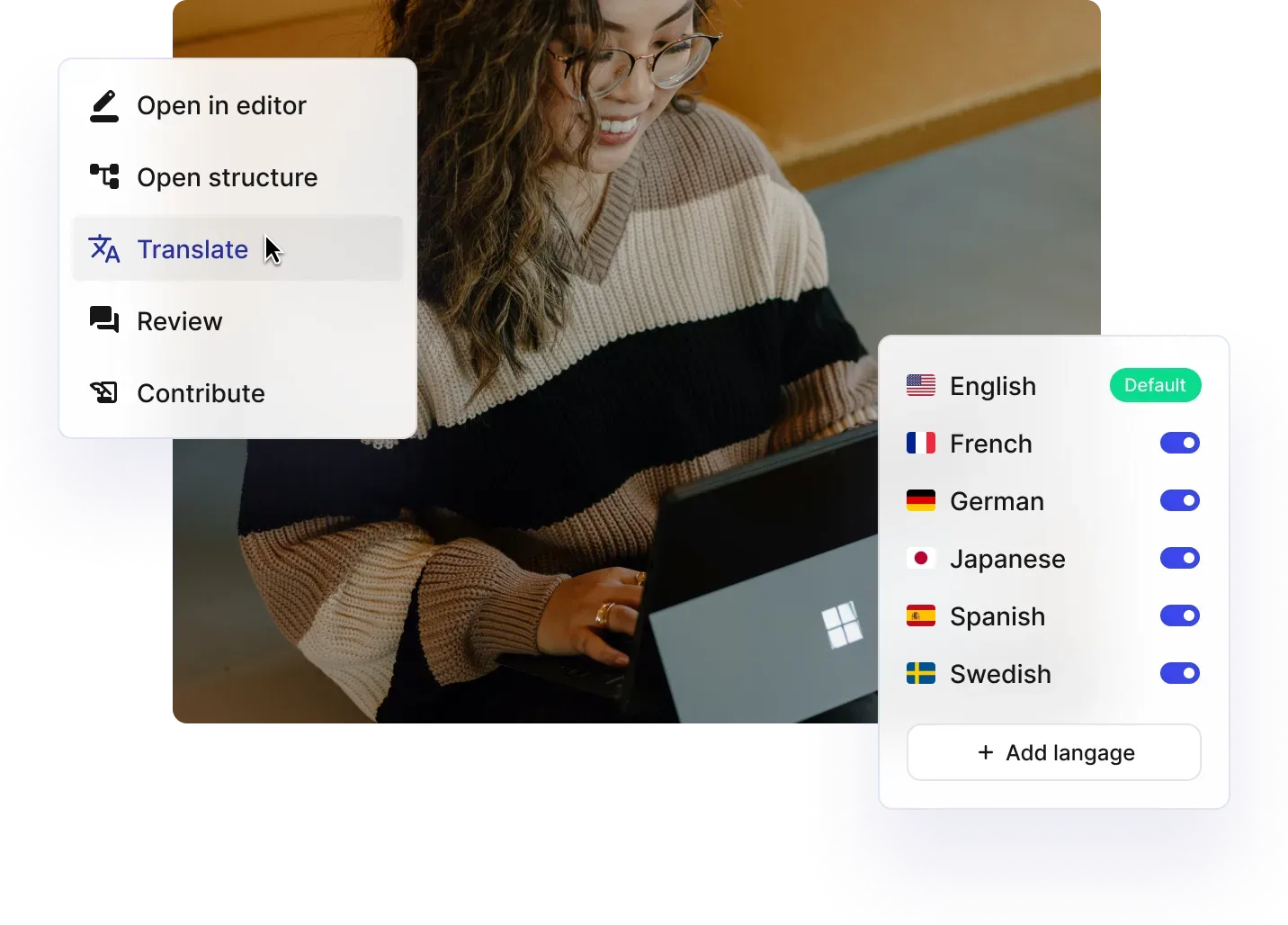 Woman at a laptop, with Paligo's Translate menu and a list of enabled languages