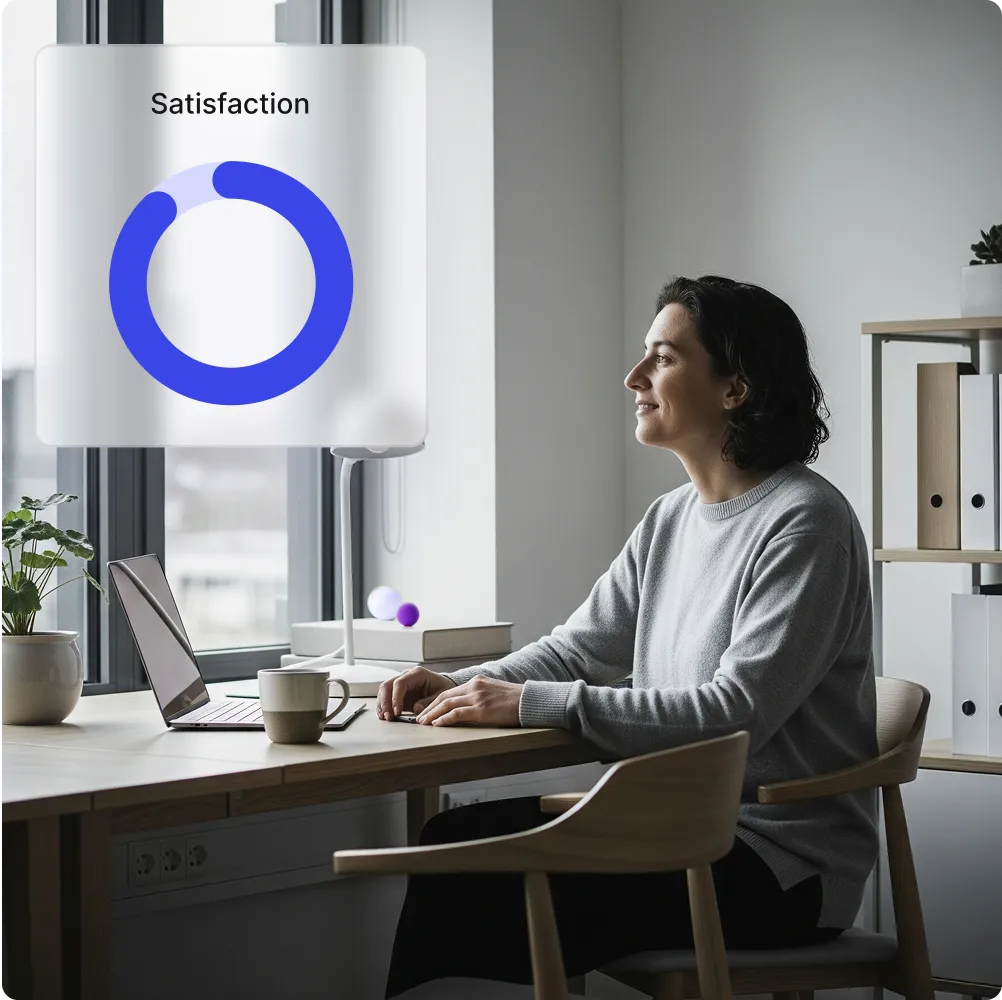 Woman at a desk with a laptop, next to a satisfaction chart