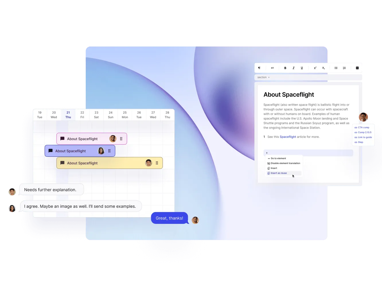 Paligo assignment calendar and review comments next to the About Spaceflight topic in the editor
