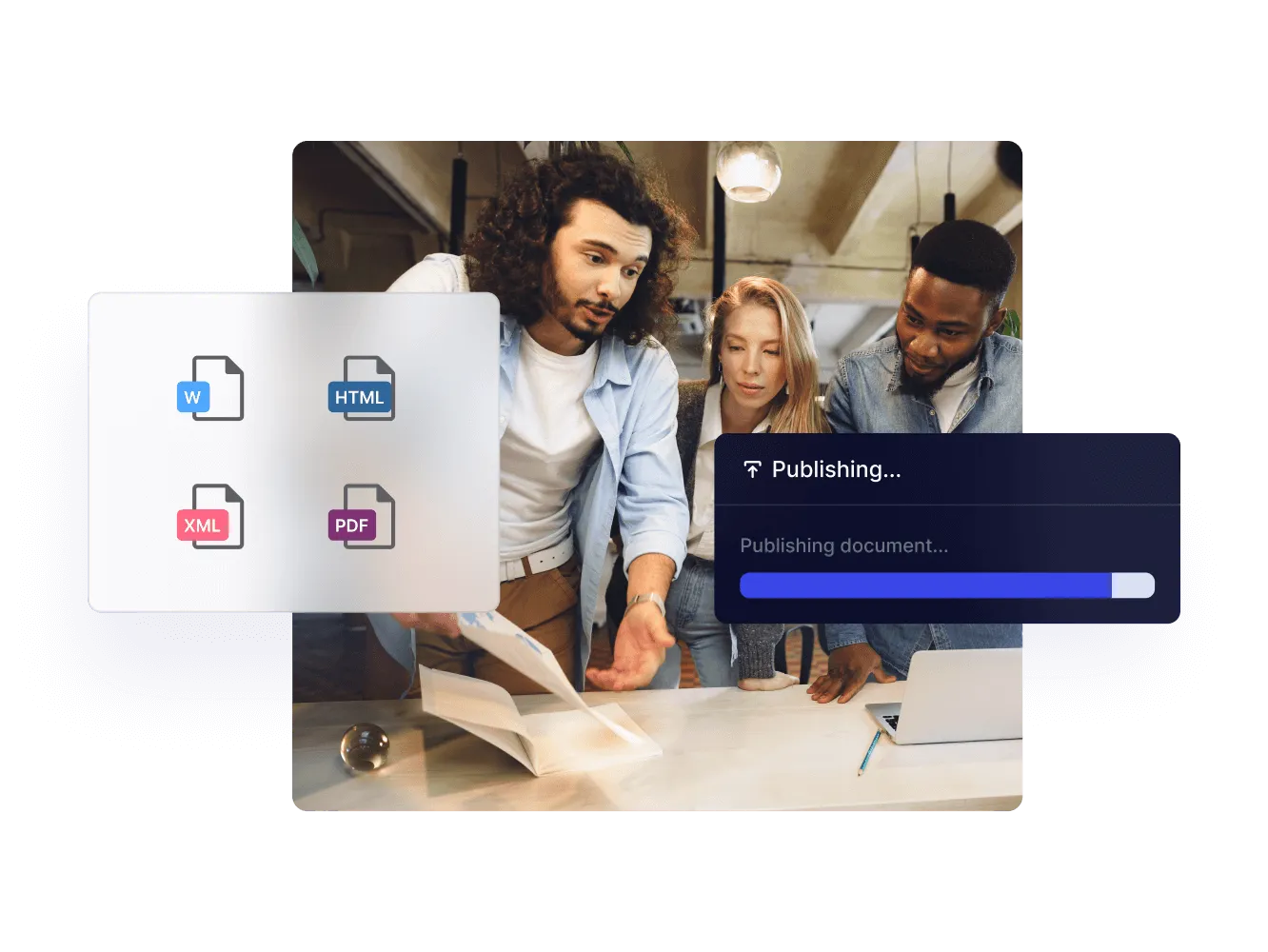 Team reviewing a printed document, with Paligo output formats and a publishing progress bar