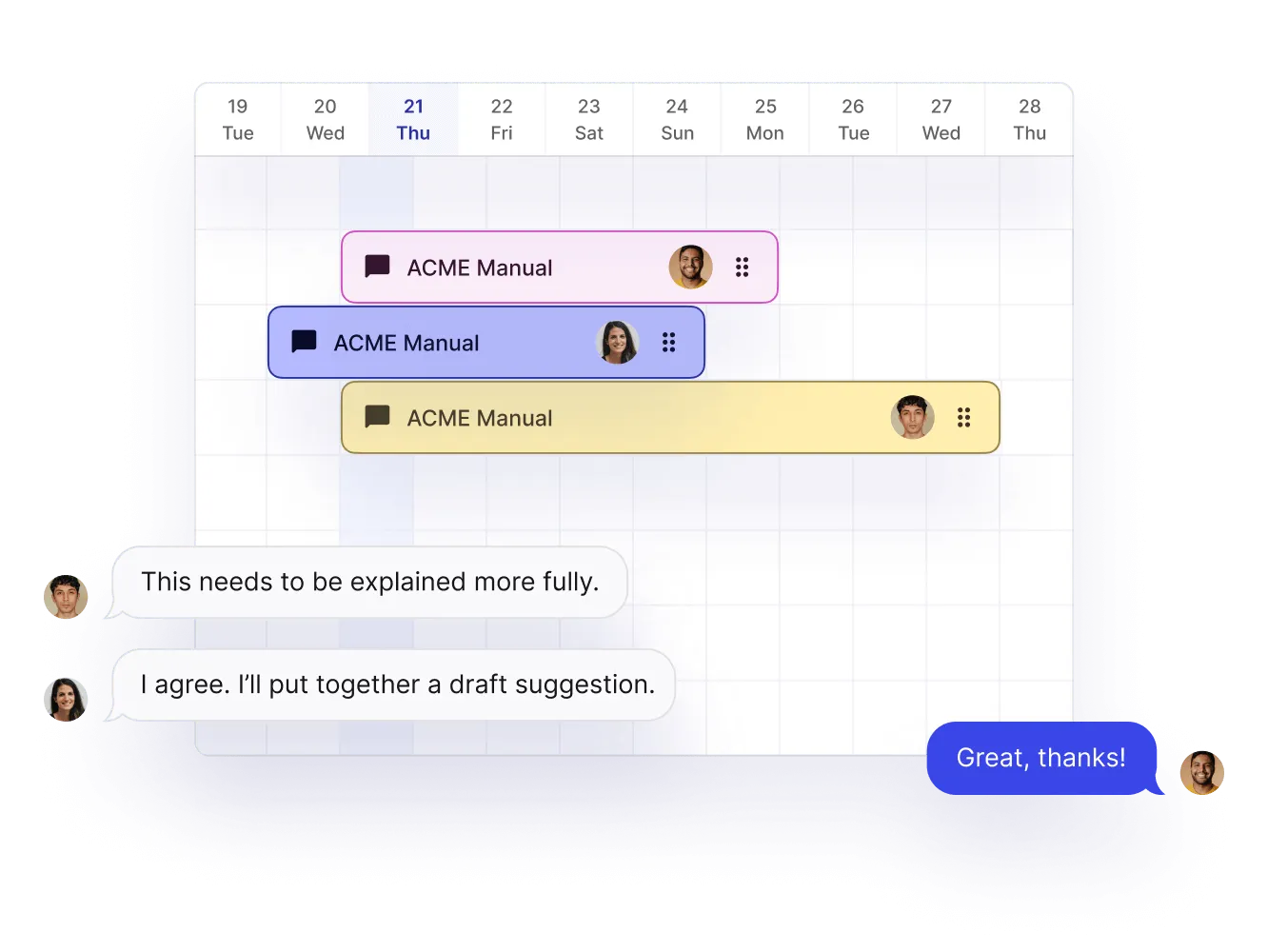 Paligo review calendar with three ACME Manual assignments and reviewer comments