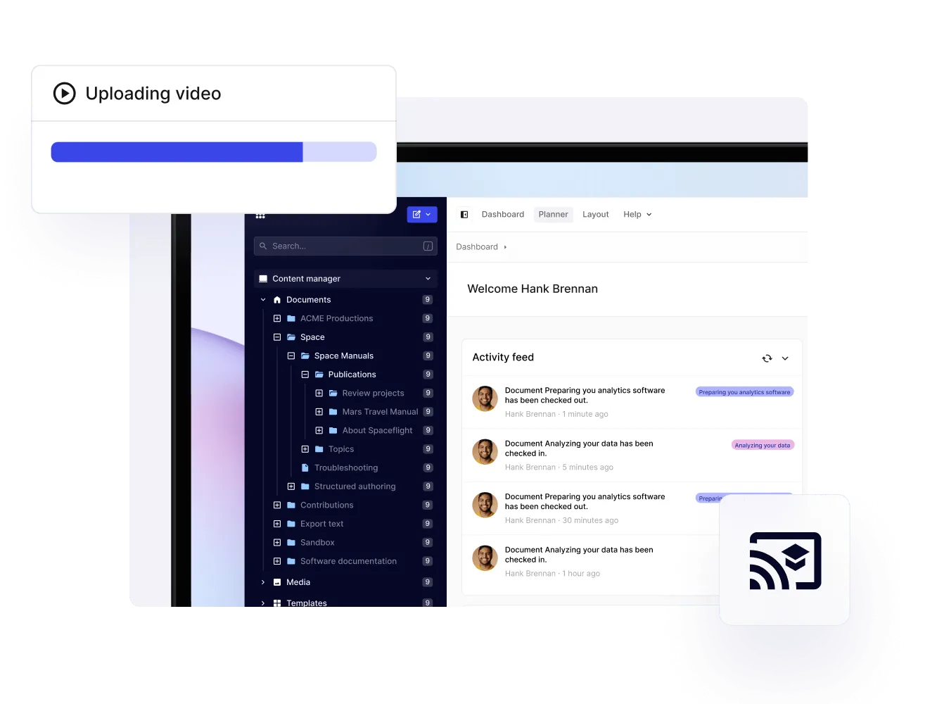 Paligo dashboard with a video upload in progress