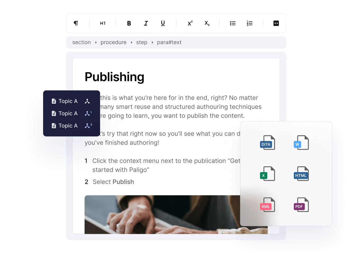 Publishing topic in the Paligo editor with reused topics and output formats such as DITA, HTML and PDF