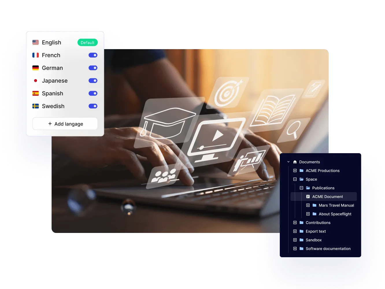 Laptop with e-learning icons, a list of enabled languages and the Paligo document tree