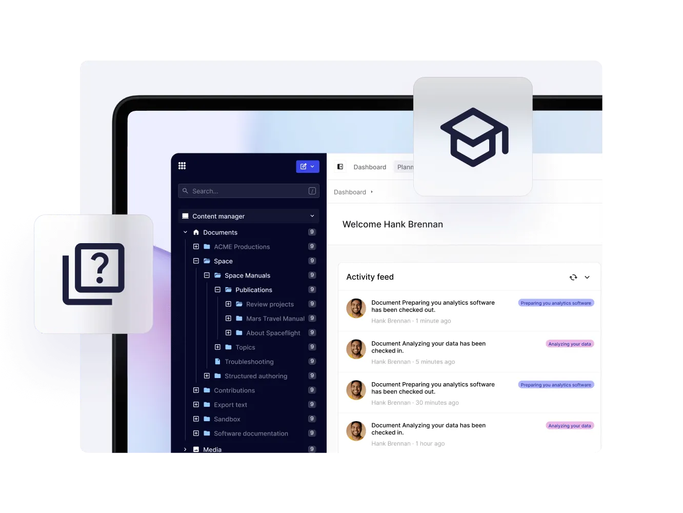 Paligo dashboard with quiz and e-learning icons
