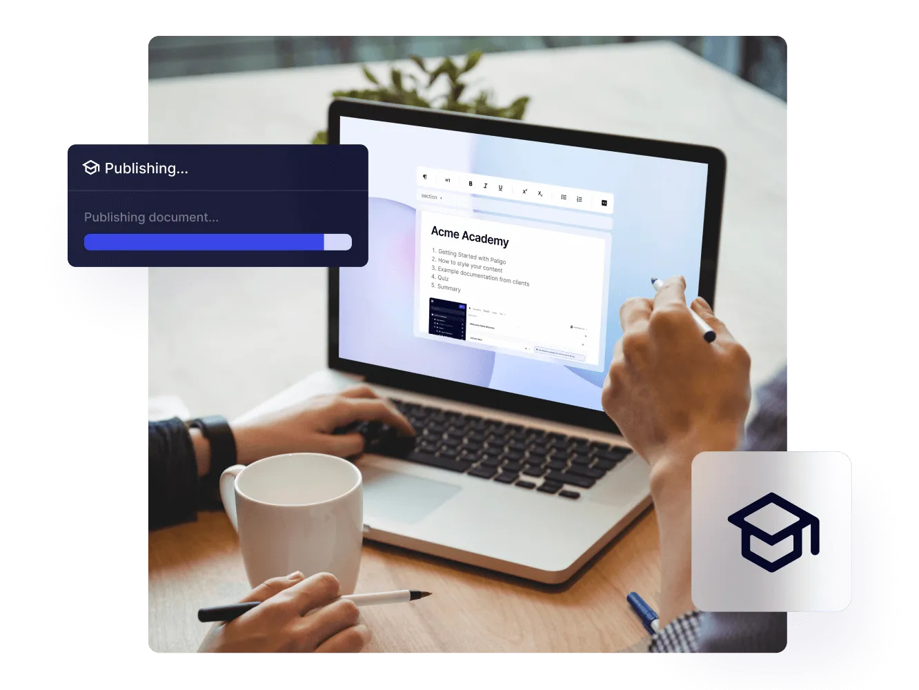 Person at a laptop with an Acme Academy course, a Paligo publishing progress bar and an e-learning icon