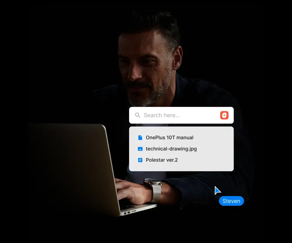 Man at a laptop in a dark room, with search results for a manual, a drawing and a release