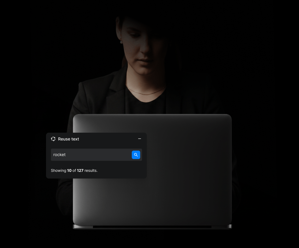 Woman at a laptop in a dark room, with Paligo's Reuse text search