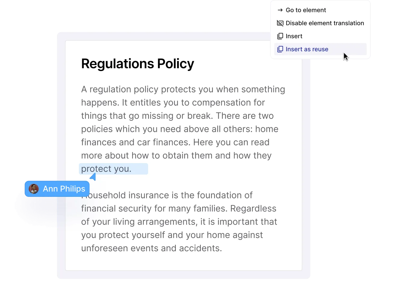 Regulations Policy topic in Paligo with a reviewer's highlight and the Insert as reuse menu