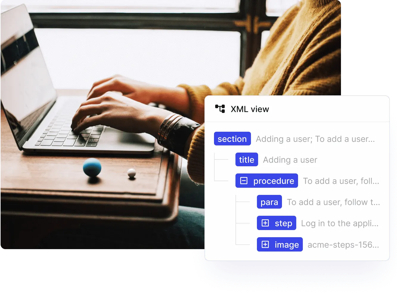 Person typing on a laptop, with Paligo's XML view of a procedure