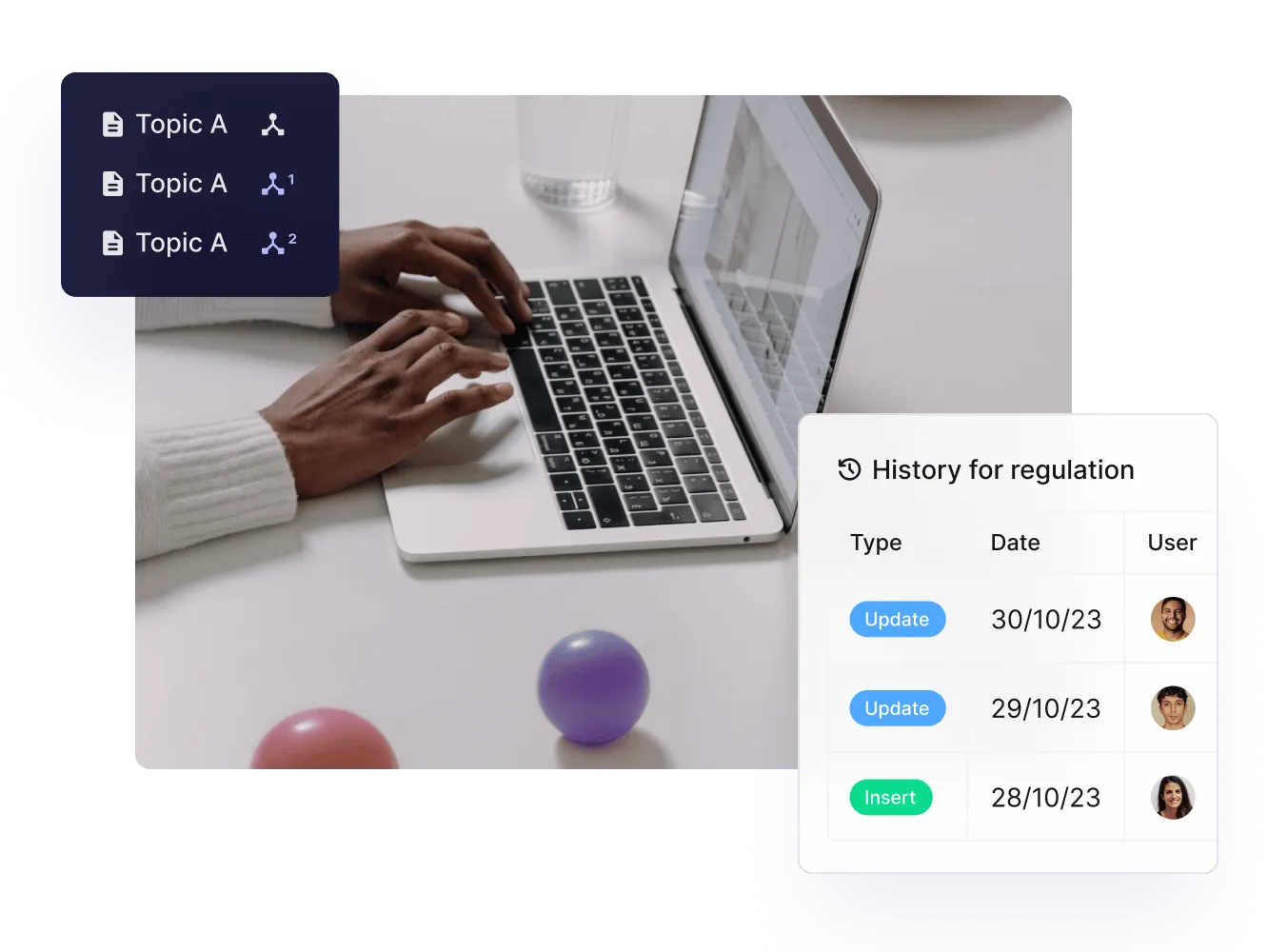Person typing on a laptop, with reused topics and the change history of a regulation in Paligo