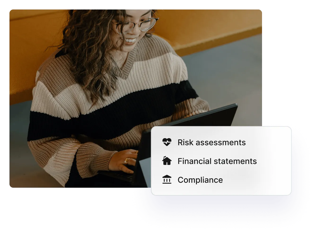 Woman using a tablet, with a list of risk assessments, financial statements and compliance