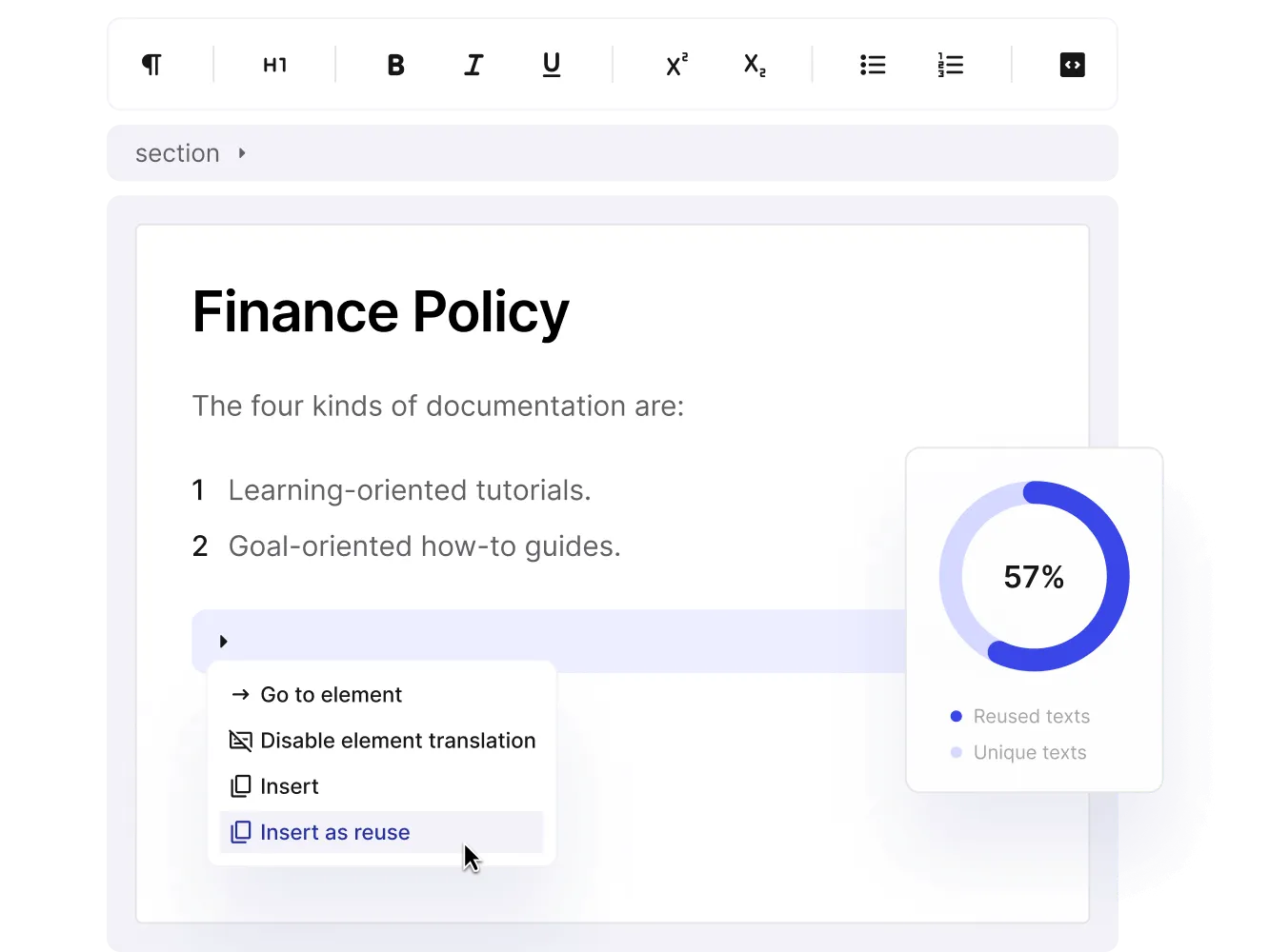 Finance Policy topic in the Paligo editor with the Insert as reuse menu and a 57% reused texts chart