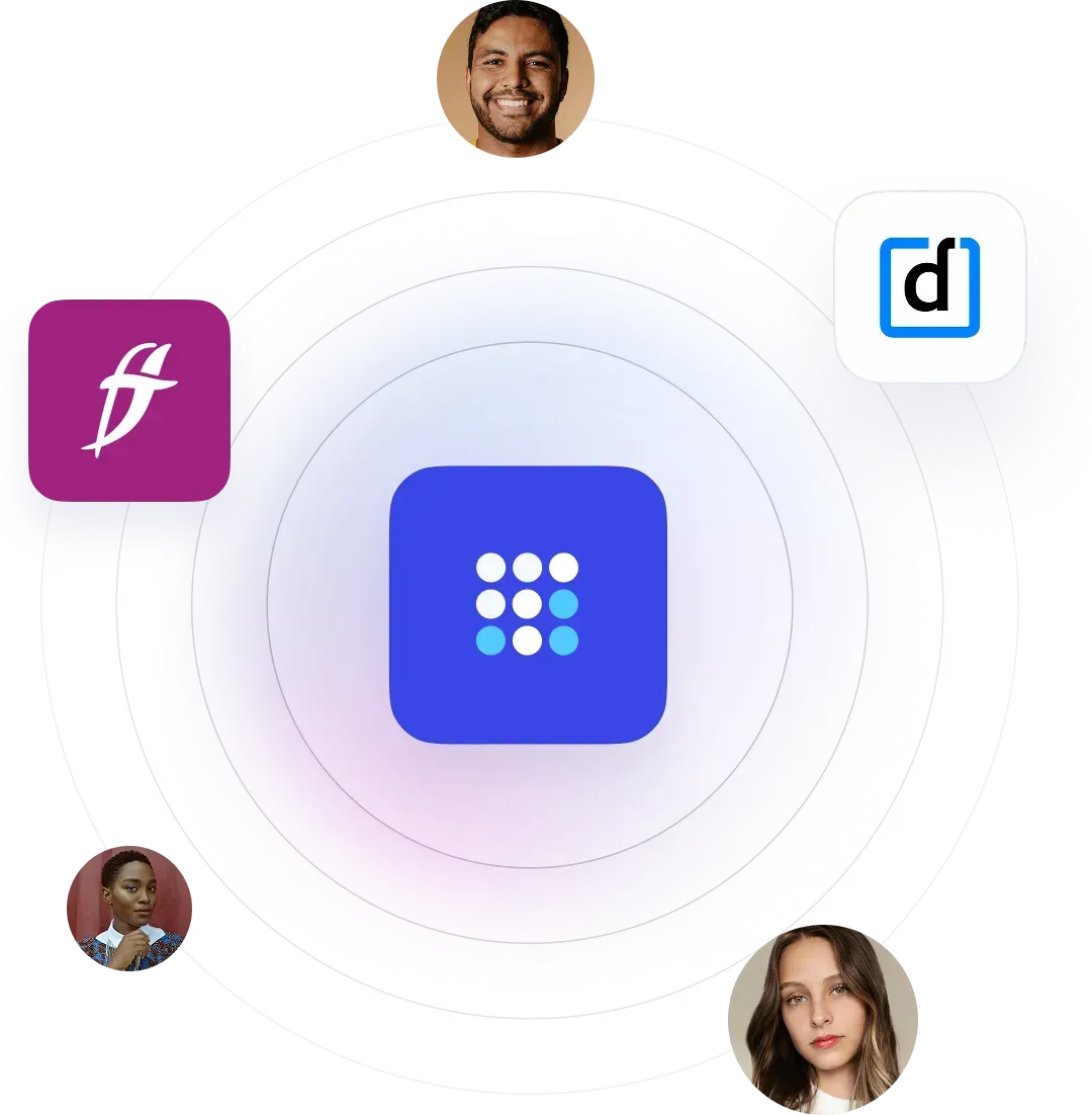 Paligo logo in a circle with the Fluid Topics logo, a second app icon and three portraits