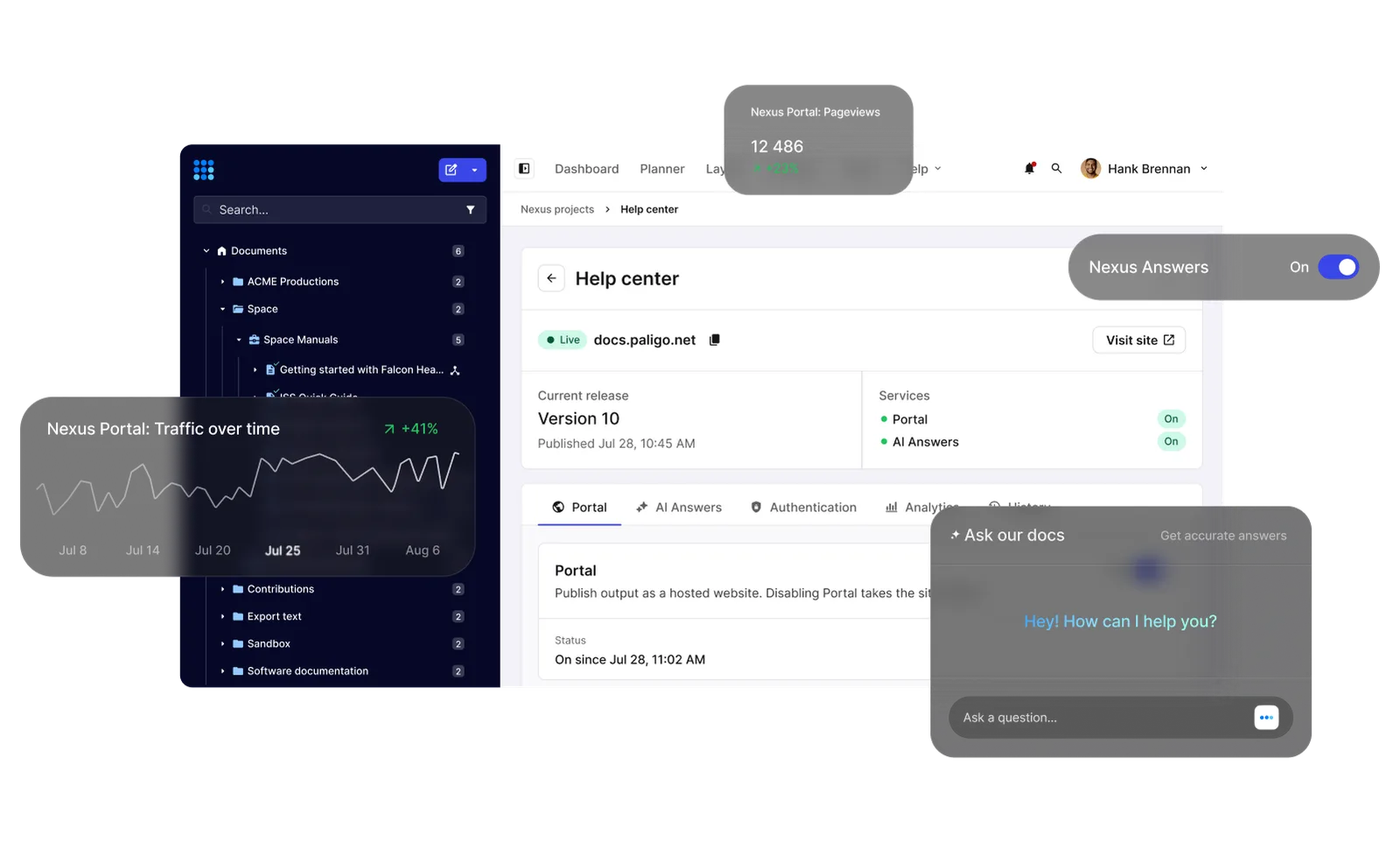 Paligo help center settings with Portal and AI Answers switched on, beside panels for Nexus Portal traffic and pageviews, the Nexus Answers switch and an Ask our docs chat