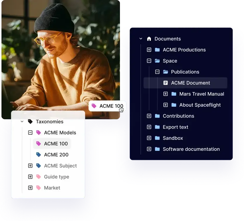 A content creator working in Paligo beside a structured taxonomy and document tree