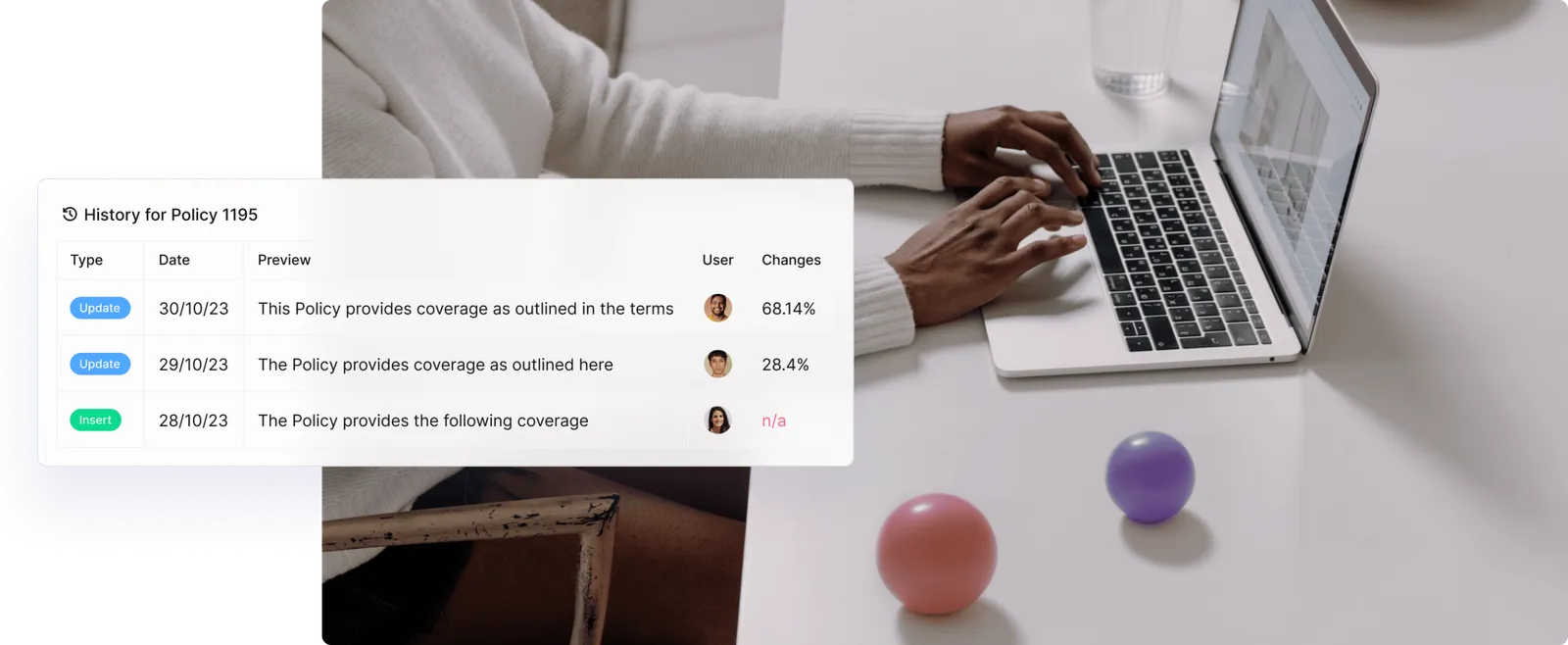 Person typing on a laptop, with the change history of a policy in Paligo