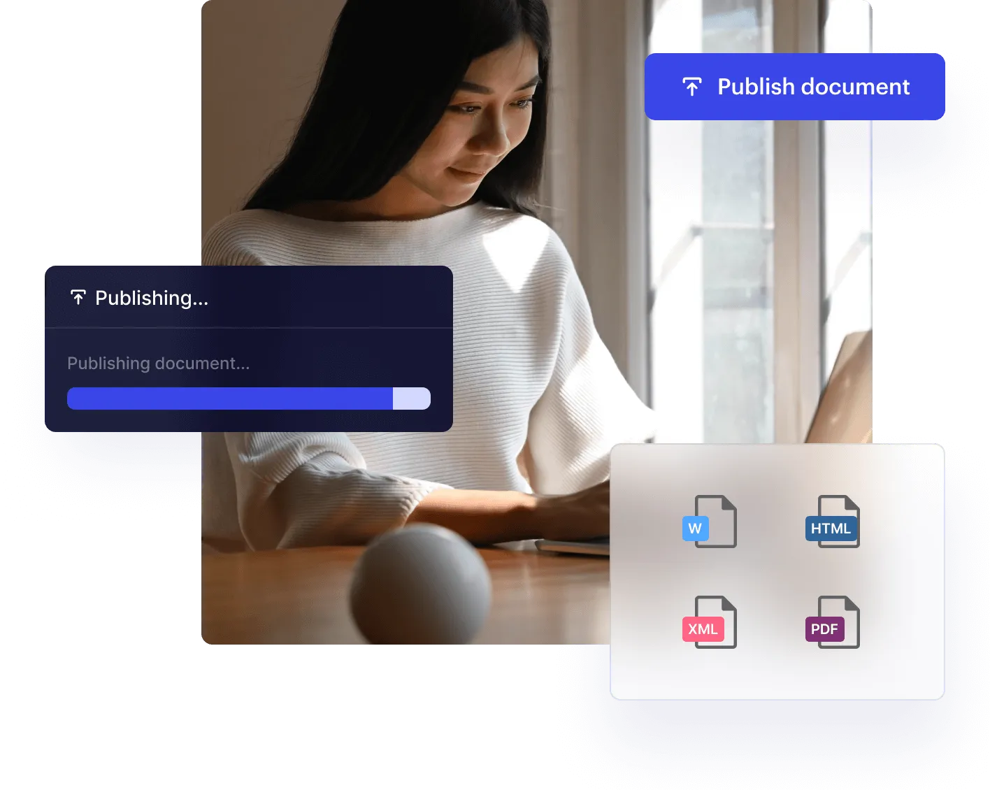 Woman at a laptop, with Paligo's Publish document button, a publishing progress bar and output formats