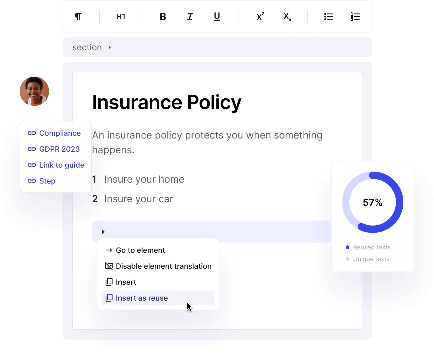 Insurance Policy topic in the Paligo editor with links, the Insert as reuse menu and a 57% reused texts chart