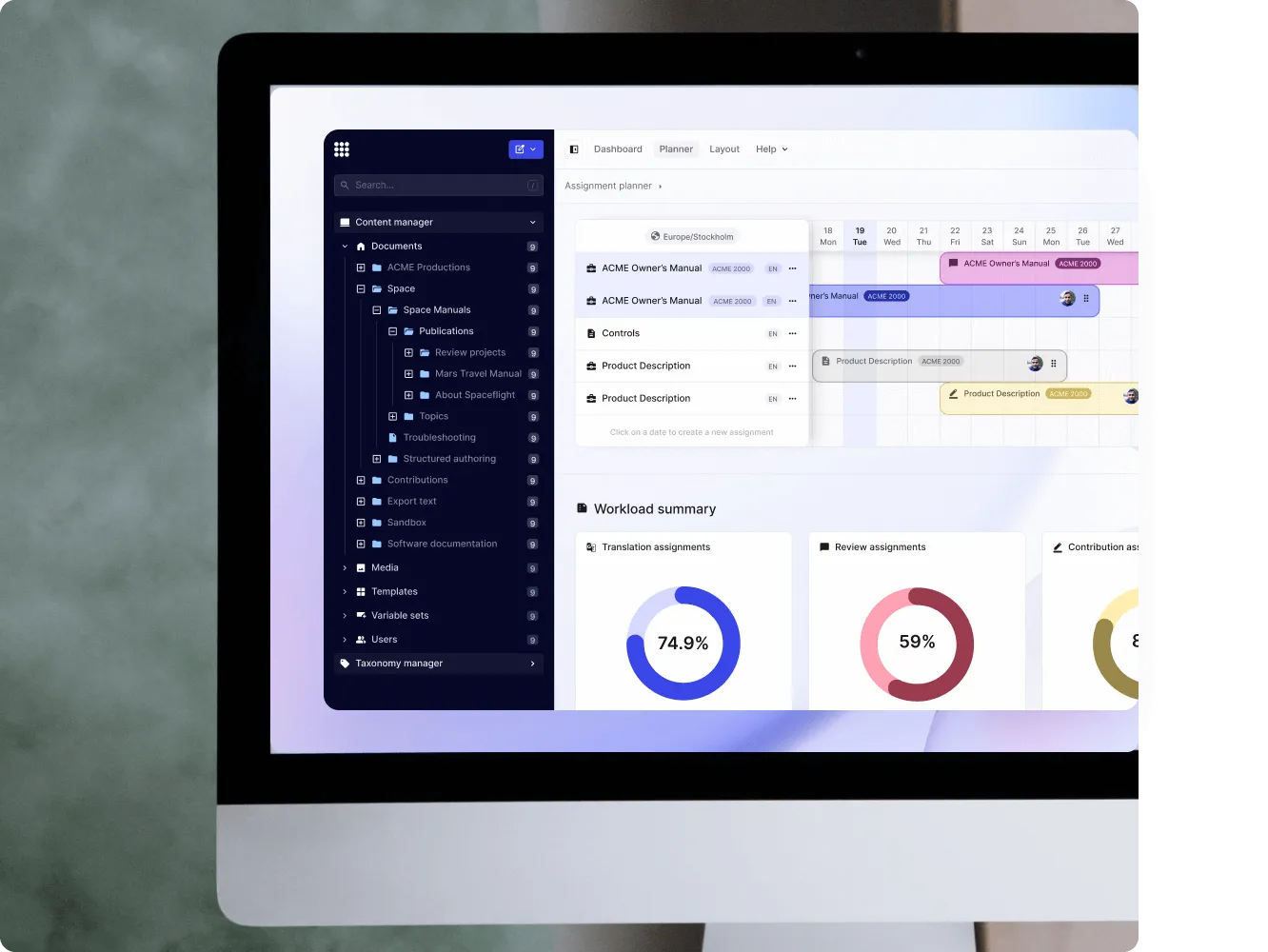 Paligo assignment planner and workload summary on a desktop monitor
