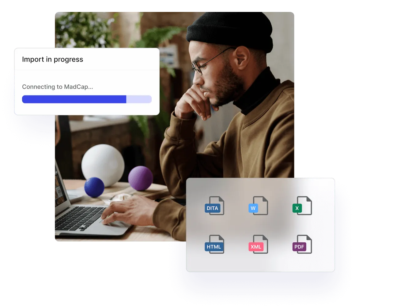 Man at a laptop, with a Paligo import from MadCap in progress and output formats
