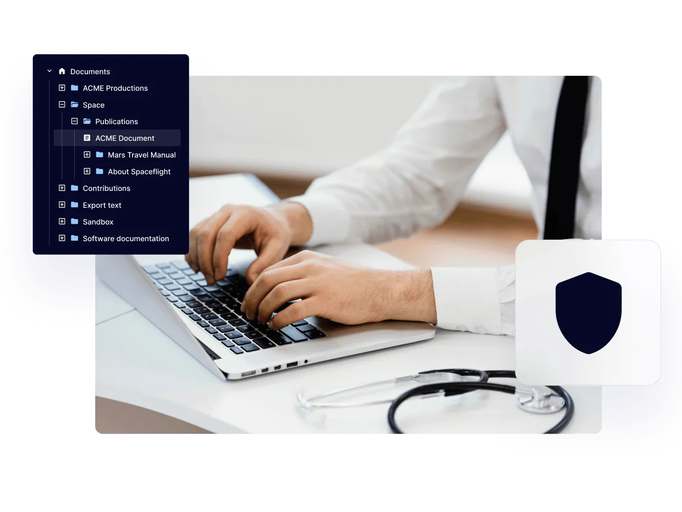 Person typing on a laptop next to a stethoscope, with the Paligo document tree and a shield icon