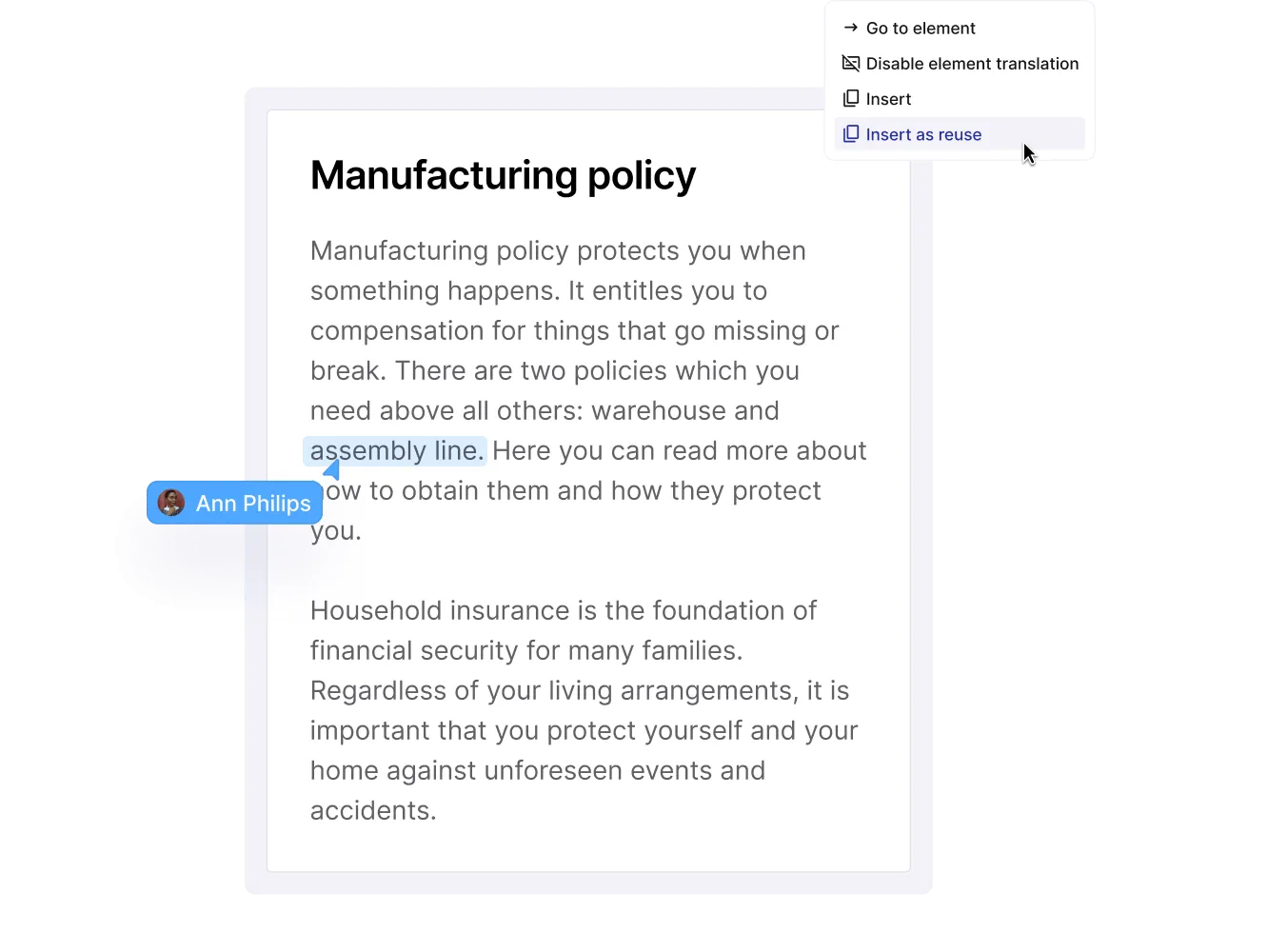 Manufacturing policy topic in Paligo with a reviewer's highlight and the Insert as reuse menu