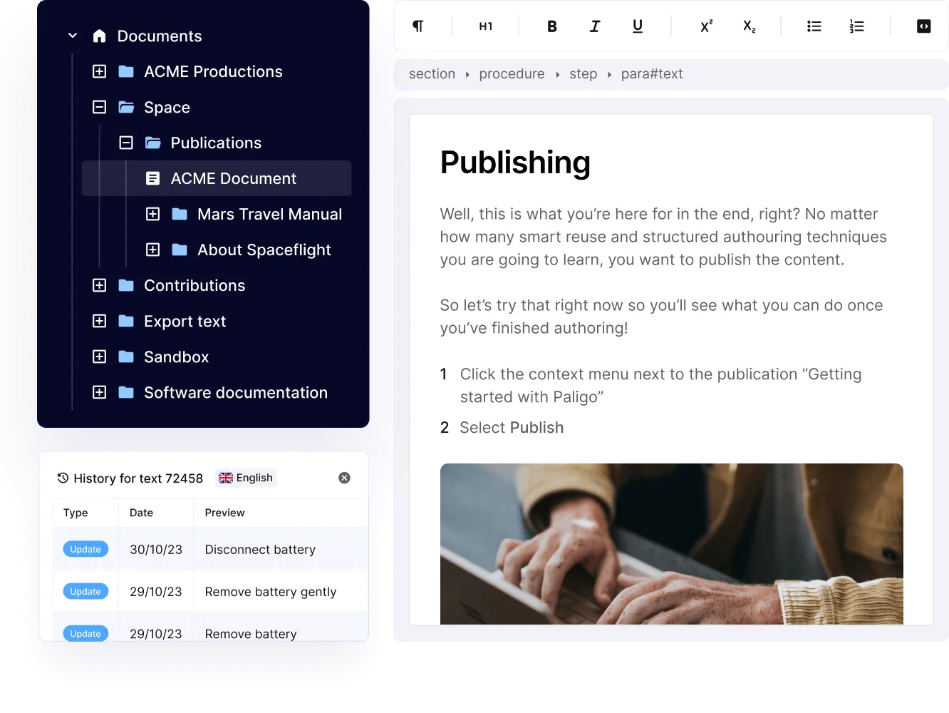Paligo document tree, text history and the Publishing topic in the editor