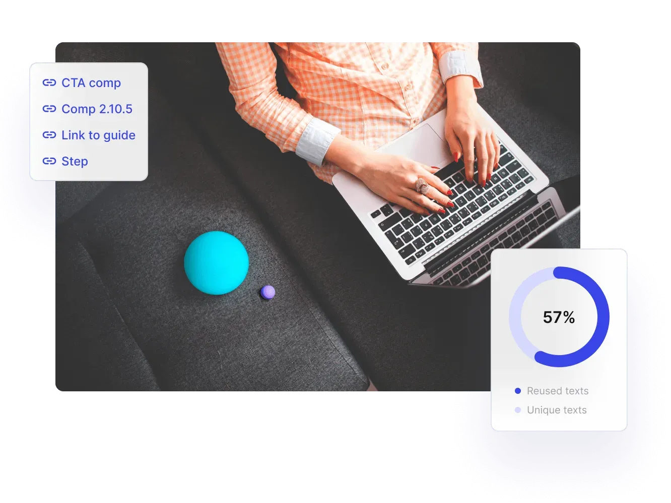 Person typing on a laptop, with reusable links and a 57% reused texts chart in Paligo