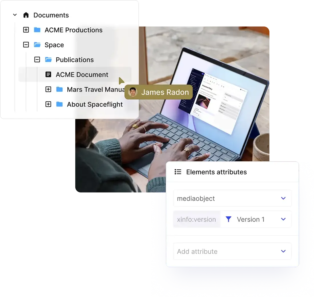 A content creator working in Paligo beside a document tree and element-attributes panel