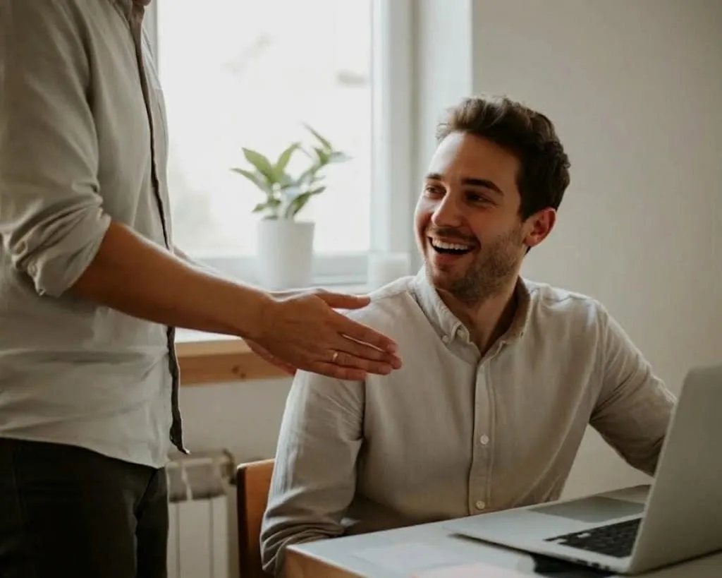 A smiling man at a desk with a laptop turns towards a colleague, who holds out a hand towards him