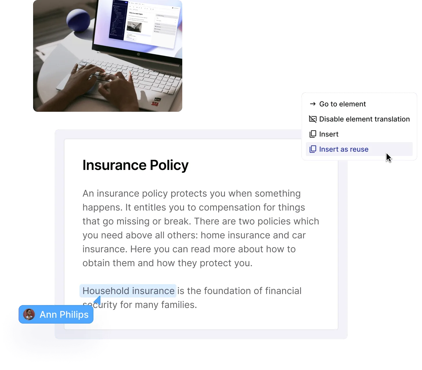 Insurance Policy topic in Paligo with a reviewer's highlight and the Insert as reuse menu, above a laptop