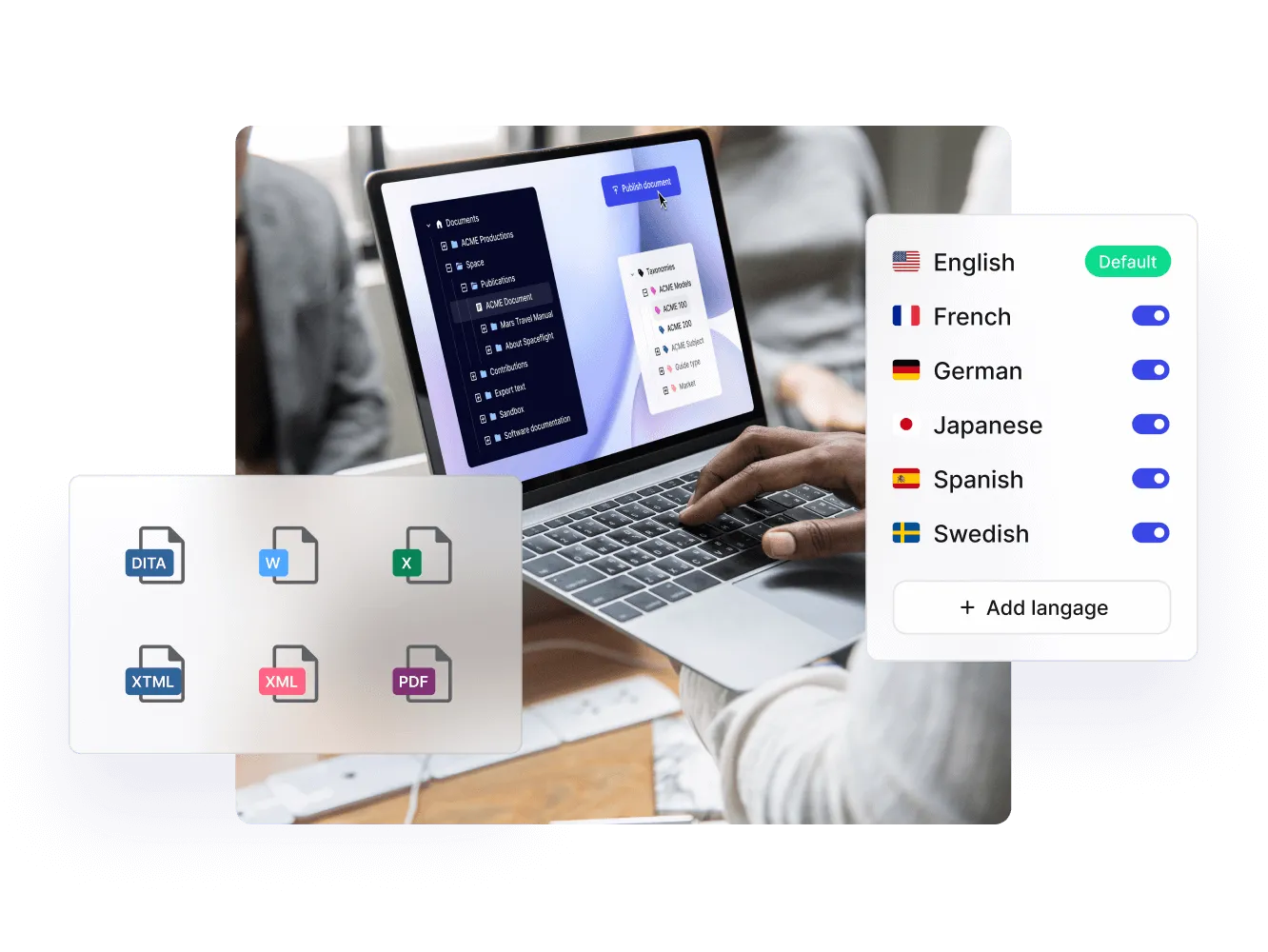 Paligo document tree on a laptop, with output formats and a list of enabled languages