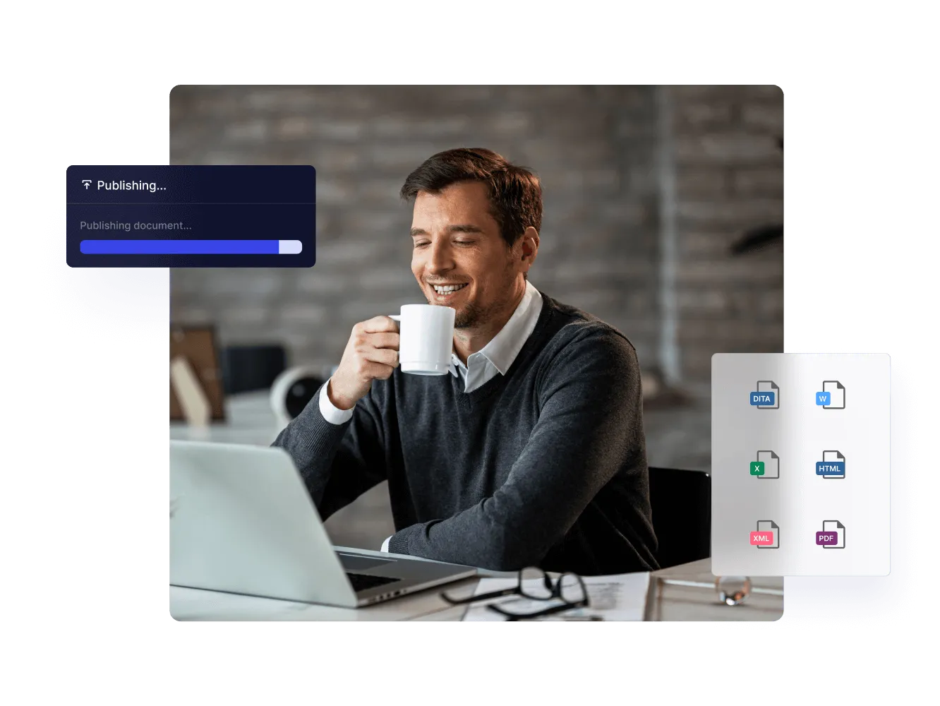 Man at a laptop, with a Paligo publishing progress bar and output formats