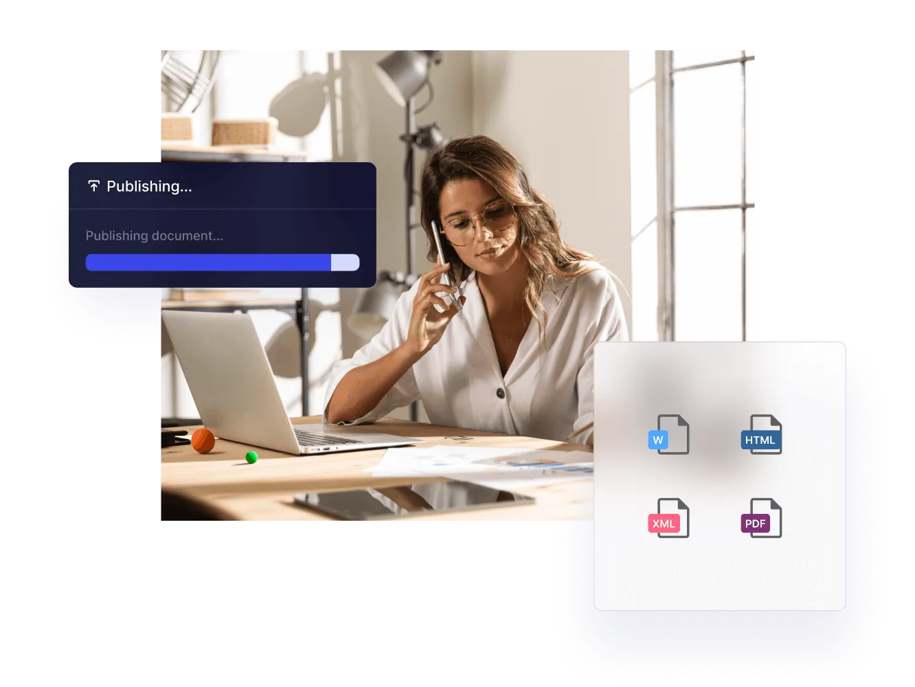 Woman on the phone at a laptop, with a Paligo publishing progress bar and output formats